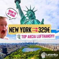 May be an image of 1 person and text that says "JE WOW! CENA! JECEMA! WONATO TO NEW YORK 329€ TOP AKCIA LUFTHANSY!! Letenky za babku.sk"